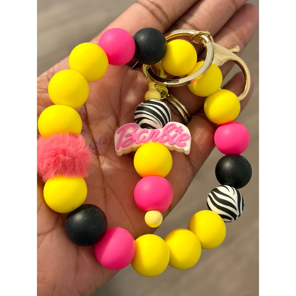 Barbie Silicone Bead Wristlet Keychain Yellow Pink Zebra Pom Pom Charm Wrist